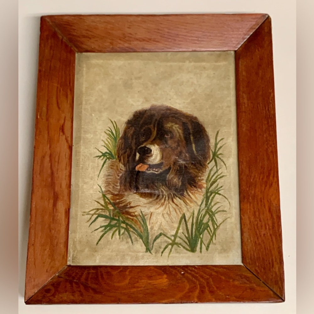 19th Century Antique Rustic Wooden Framed Oil on Canvas Portrait of Dog